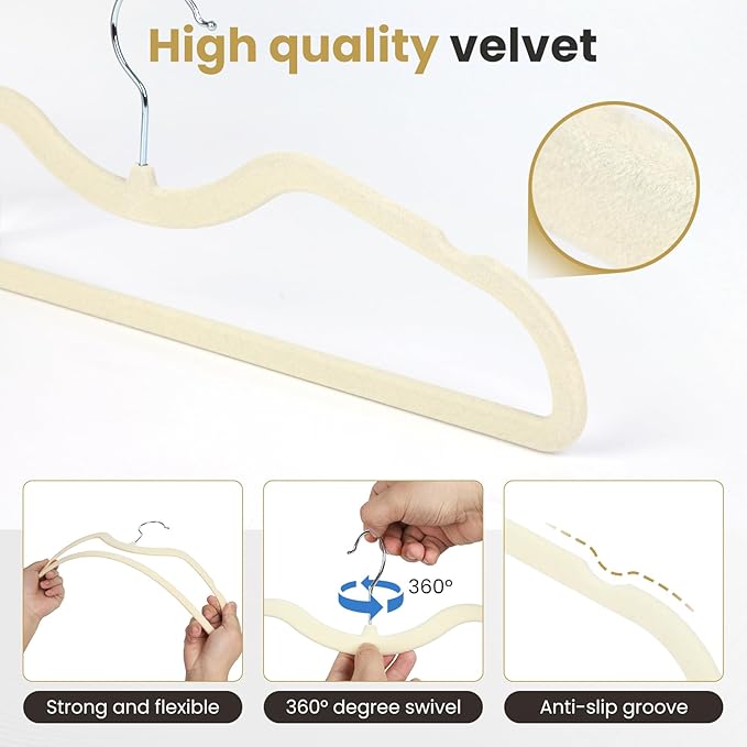 ZBODIMP Velvet Short Neck Hangers - Heavy-Duty, Non-Slip Felt Surface, Space-Saving Design with Anti-Slip Grooves & Shoulder Shape, 360° Rotating Hooks, Durable for Coats, Shirt& Dresses (30, Beige C)