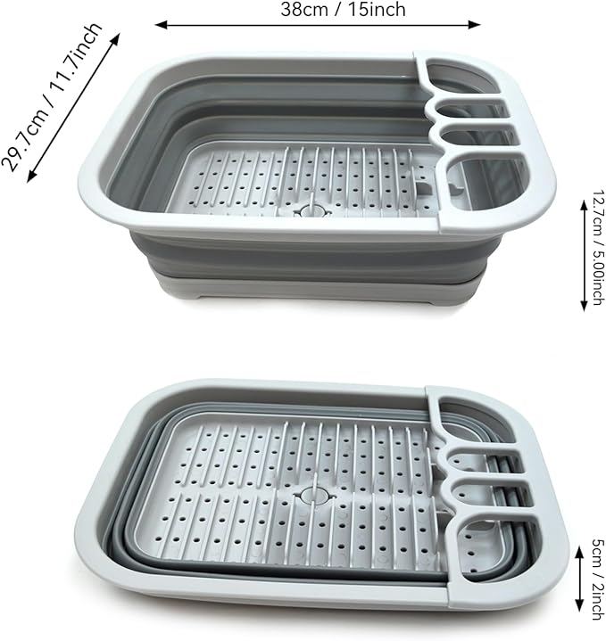 SAMMART Set of 2 Collapsible Dish Drainer with Drainer Board - Foldable Drying Rack Set - Portable Dinnerware Organizer - Space Saving Kitchen Storage Tray (2, Grey)