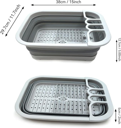 SAMMART Set of 2 Collapsible Dish Drainer with Drainer Board - Foldable Drying Rack Set - Portable Dinnerware Organizer - Space Saving Kitchen Storage Tray (2, Grey)