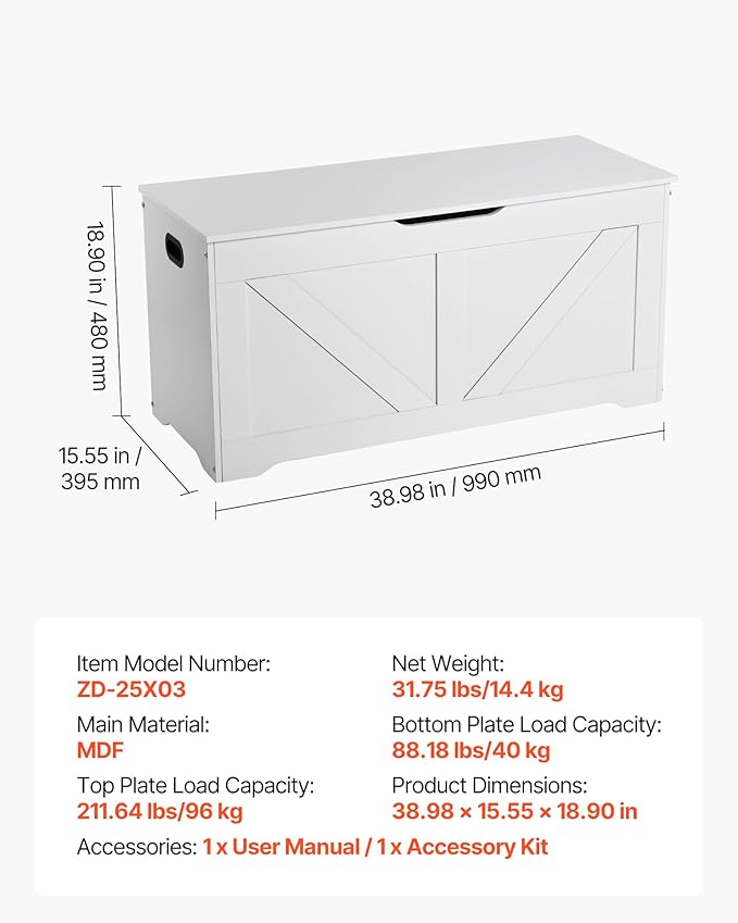 VEVOR Kids Storage Bench, Wooden Toy Box Chest, Large Storage Cabinet with Safety Hinge, Toddlers Storage Bench for Playroom, Living Room or Entryway, Easy Assembly, 38.98 x 15.55 x 18.9 in, White