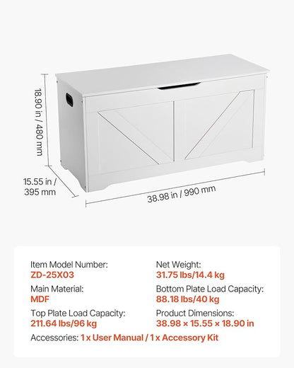 VEVOR Kids Storage Bench, Wooden Toy Box Chest, Large Storage Cabinet with Safety Hinge, Toddlers Storage Bench for Playroom, Living Room or Entryway, Easy Assembly, 38.98 x 15.55 x 18.9 in, White