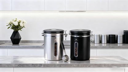 35OZ Airtight Coffee Canister with Lid - 304 Stainless Steel Kitchen Food Storage Container with Window, Date Tracker & Spoon, Suitable for Coffee Beans, Ground Coffee, Tea & Sugar