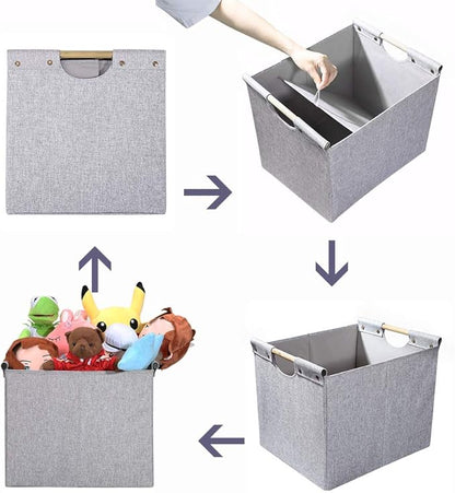 HOONEX Large Foldable Storage Bins, Linen Fabric, 2 Pack, with Wooden Carry Handles and Sturdy Heavy Cardboard, for Home, Office, Car, Nursery, Light Grey