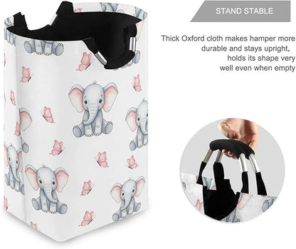 Laundry Hamper Basket Elephant Butterfly White Storage Basket Collapsible Laundry Bag with Handle Decorative Blanket Basket for Dirty Clothes Living Room Bathroom