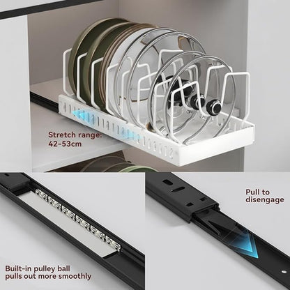 Pots and Pans Organizer Under Cabinet, Pull-out Pots and Pans Organizer, Under Cabinet Pot Lid Holder, Sliding type Pots and Pans Storage with 8 Adjustable Dividers for Kitchen
