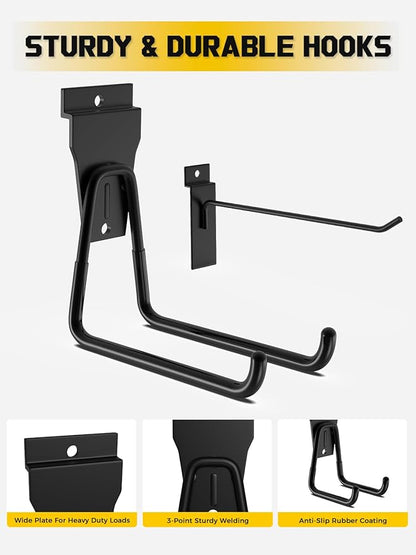 AZUNO 14 PCS Slatwall Accessories Kit - 2 Pack Large Mesh Slatwall Baskets with Front Zipper & 12 Pack Heavy Duty Slat Wall Hooks, Garage Storage & Organizer for Sports Gear, Toys, Tools