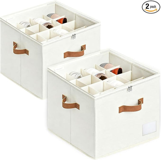 NVGSN Shoe Organzier for Cloest - 2pack Adjustable Shoe Storage Box Fits 8-16 pairs with Pop-Up dividers,17''*17''*12.5'' Space Saver shoe Box organizer with Clear Dust Cover