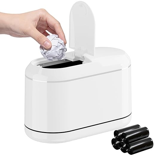Mini Trash Can for Desk with 5 Rolls of Trash Bags, Small Press-Top Countertop Garbage Bin, Removable Waste Basket for Bedroom, Vanity, Coffee Table, Kitchen (White Half-Lid)