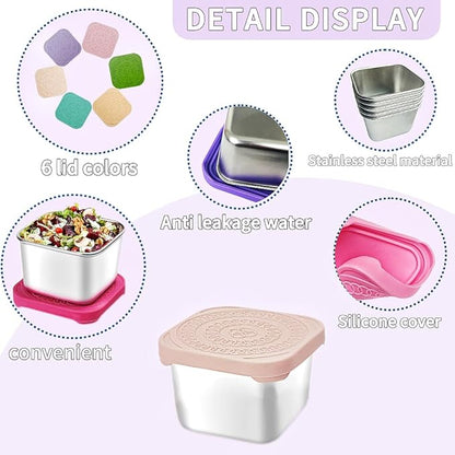 HTEVW 6Pack 6oz Stainless Steel Snack Containers for Kids, Easy Open Leak Proof Metal Toddler Snack Containers with Silicone Lids, Stackable Metal Toddler Lunch Box for School-U.S.Design Patent