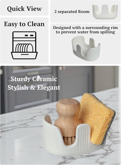 BekPooQ Ceramic Sponge Holder, 2-Slot Dish Sponge Holder for Kitchen Sink, Keeps Sponges Dry & Countertop Clean, Rust-Free & Dishwasher Safe, Stylis Design, Modern White