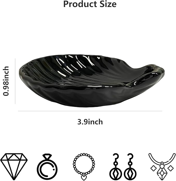 GO2HEJING Shell Shape Ring Holder Dish, Seashell Jewelry Dish Tray, Ceramic Trinket Tray for Rings Earrings Necklaces Bracelet, Birthday Mother's Day Christmas Gift for Mom Friend Sister, 3.9", Black