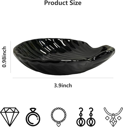 GO2HEJING Shell Shape Ring Holder Dish, Seashell Jewelry Dish Tray, Ceramic Trinket Tray for Rings Earrings Necklaces Bracelet, Birthday Mother's Day Christmas Gift for Mom Friend Sister, 3.9", Black