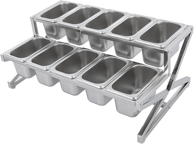 LIYABIN Expandable Stainless Steel Spice Rack Organizer with 10 (1.59 Qt) Lidded Pans, Adjustable 14-25.6 Inch 2-Tier Shelf for Kitchen Counter, Cabinet & Commercial Use