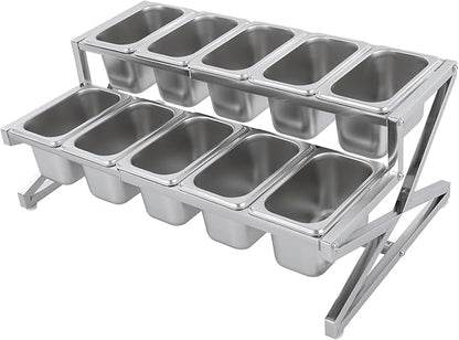 LIYABIN Expandable Stainless Steel Spice Rack Organizer with 10 (1.59 Qt) Lidded Pans, Adjustable 14-25.6 Inch 2-Tier Shelf for Kitchen Counter, Cabinet & Commercial Use