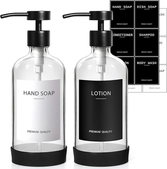 RYTOXILO Clear Soap Dispenser 2 Pack, Glass Soap Dispenser with Stainless Steel Pump, 16.9 Fl oz Refillable Kitchen Hand and Dish Soap Dispensers Set, Modern Clear Soap Lotion Dispensers Bottle