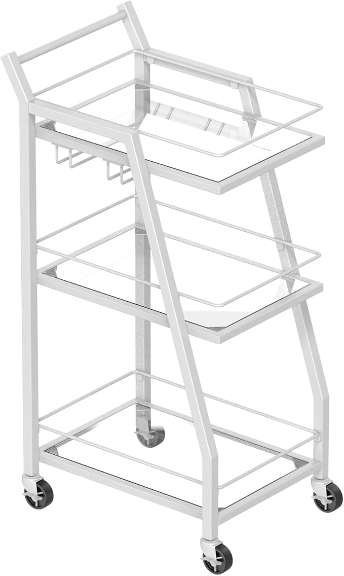 Bar Cart for The Home, Small Bar Cart on Wheels, Home Bar Serving Cart with Glass Holder, for Kitchen, Transparent and White BC03WT