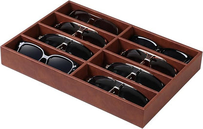 Cretkhp Sunglass Organizer Tray, PU Leather Sunglasses Organizer with 8 Grids for Drawer, Stackable Sunglass Holder Storage