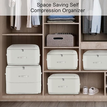 Space Saving Self Compression Organizer,Compression Storage Bags for Bedding and travel,Storage bags for Blankets Duvet Quilts Pillows, Comforter Storage with zippered ventilation holes（beige XL）