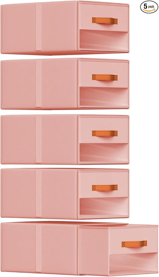 Stackable Storage Drawers - Pull Out Storage Bins with Drawers for Closet Clothes Organizers with Weekly Labels & Clear Window, Closet Shelf Storage for Bedroom, Living Room, 5 Pack, Pink