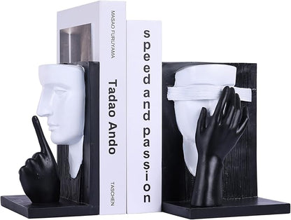 Decorative Bookends Set – Vintage Gold Face Sculptures & Modern Black & White – Resin Book Ends for Shelves, Heavy Book Stoppers, Brass-Look Bookends, Decorative for Home Office (B&W)