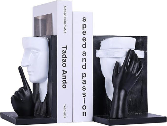 Decorative Bookends Set – Vintage Gold Face Sculptures & Modern Black & White – Resin Book Ends for Shelves, Heavy Book Stoppers, Brass-Look Bookends, Decorative for Home Office (B&W)