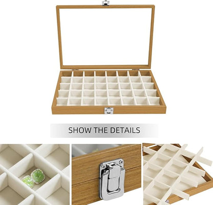 Stratalife Jewelry Organizer 40 Grid Jewelry Trays with Clear Lid Wood Earring Organizer Ring Holder Accessories Box Necklaces Earrings Storage for Women Drawers Vintage Style Beige