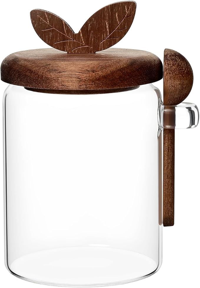 Koythin Food Storage Containers with Wooden Lids and Scoops, Glass Jars with Airtight Lids, Bath Salt Container with Scoop, Kitchen Canisters for Coffee, Tea, Sugar, Spice (Smooth, 20.3 oz)