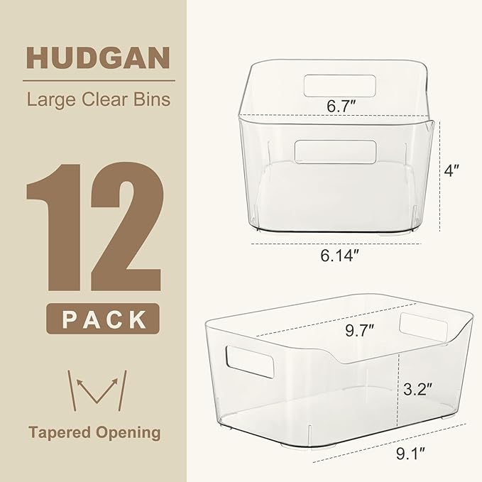 Hudgan 12 Pack Clear Storage Bins for Fridge, Plastic Pantry Organizer Containers for Home, Kitchen Cabinet, Freezer, Bathroom Shelf, Under Sink and Closet