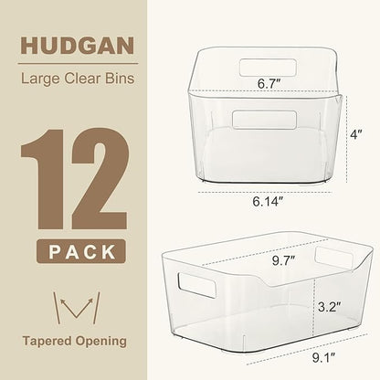 Hudgan 12 Pack Clear Storage Bins for Fridge, Plastic Pantry Organizer Containers for Home, Kitchen Cabinet, Freezer, Bathroom Shelf, Under Sink and Closet