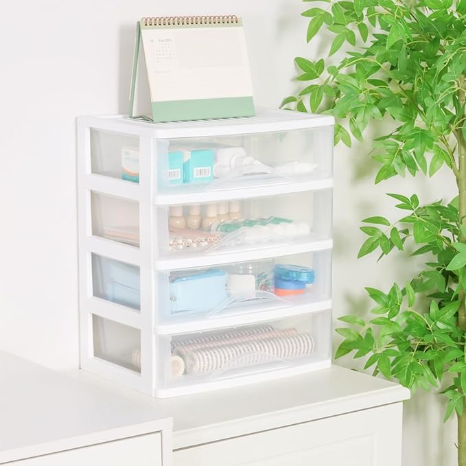 BYCY Plastic Stackable Storage 4 Drawers, White Bathroom Makeup Organizer with Wide Clear Drawers Tabletop Drawer Organizer for Desk,Easily Assemble for Fridge,Bathroom,Cabinet