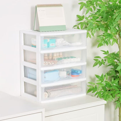 BYCY Plastic Stackable Storage 4 Drawers, White Bathroom Makeup Organizer with Wide Clear Drawers Tabletop Drawer Organizer for Desk,Easily Assemble for Fridge,Bathroom,Cabinet