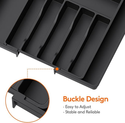 Lifewit Large Silverware Drawer Organizer, Expandable Utensil Tray for Kitchen, BPA Free Flatware and Cutlery Holder, Adjustable Plastic Storage for Spoons Forks Knives, Large, Black
