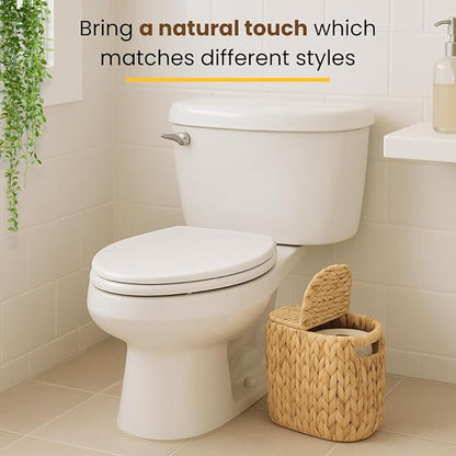 Toilet Paper Basket with Lid, Woven Natural Water Hyacinth Toilet Paper Storage, Papers Container for 4 Mega Rolls, Storage Holder with Built-in Handles, Slim Bathroom Stand Basket Organizer for Decor