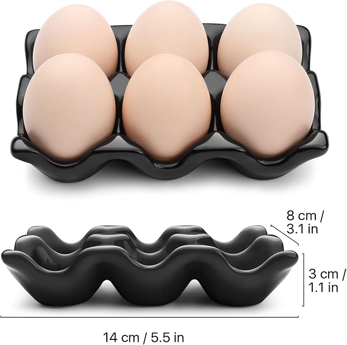 Flexzion Ceramic Egg Holder for Fridge - 6 Cups Egg Tray Half Dozen Porcelain Container Keeper Storage Organizer Decorative Serving Dish Serveware for Refrigerator Countertop Display Kitchen (Black)