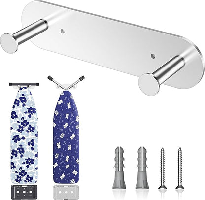 Ironing Board Holder Wall Mount,Ironing Board Hanger with Removable Hooks, Laundry Rooms Stainless Steel Ironing Boards Hook for Wall for Y or T Leg (Silver)