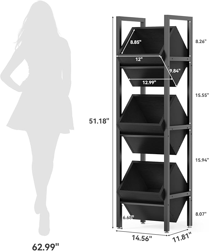 LITTLE TREE 3-Tier Basket Stand, Rustic Standing Organizer Storage Rack, Wooden Floor Stand Shelving Unit for Kitchen, Bathroom, Living Room