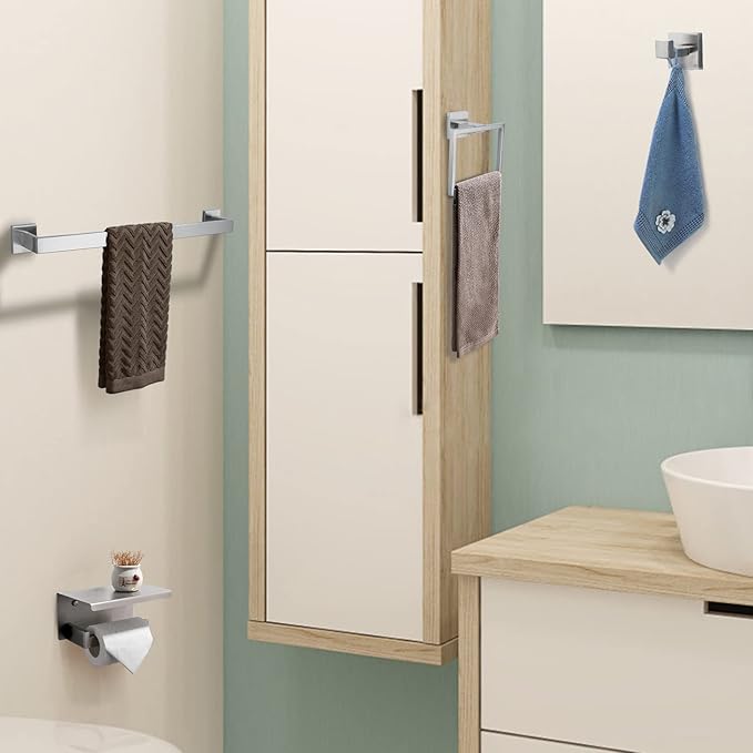 Brushed 4-Piece Bathroom Hardware Set Premium Stainless Steel Bath Towel Bar Sets Wall Mounted Bathroom Toilet Paper Holder with Shelf Set, 23.6 Inch
