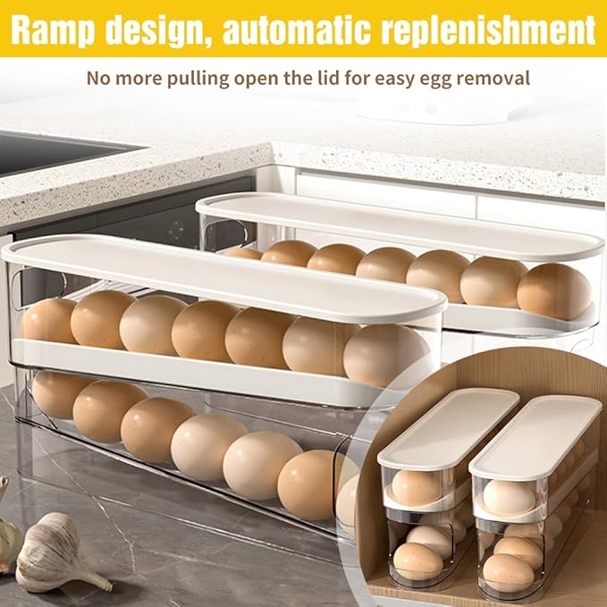 2025 New Egg Holder for Fridge, Egg Organizer for Refrigerator Automatic Scrolling Eggs Rack Holder Rolling Dispenser Stackable Container and Storage for Refrigerator with Lid