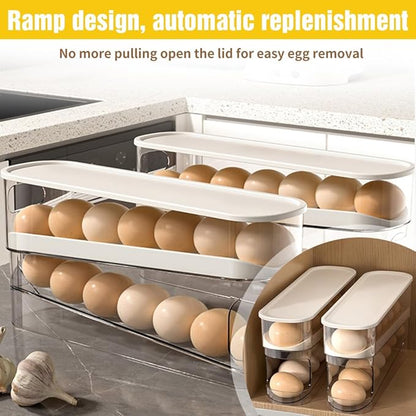 2025 New Egg Holder for Fridge, Egg Organizer for Refrigerator Automatic Scrolling Eggs Rack Holder Rolling Dispenser Stackable Container and Storage for Refrigerator with Lid