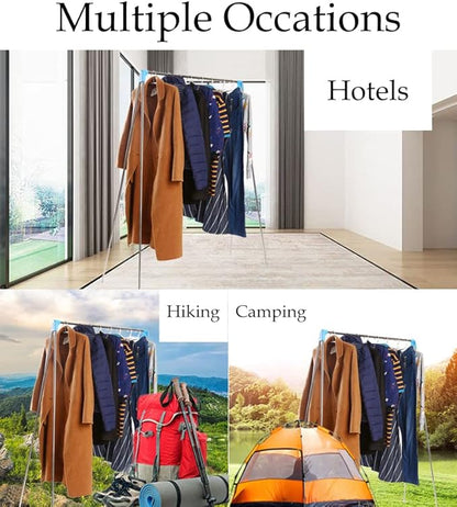 Portable Garment Rack Extra Compact and Lightweight, Foldable Mini Drying Clothe Rack for Travel, Camping, Laundry, Dance, Indoor, Outdoor (Enhanced (Longer & Thicker) + 10 Foldable Hangers)