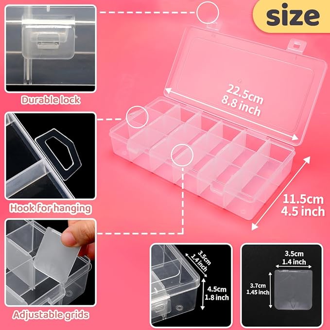IOOLEEM 18 Grids Adjustable Dividers Plastic Bead Organizer Box, Organizer Container Storage Box, Dividers for bead arts and crafts.(2 Pack)