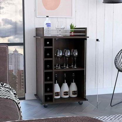 Mobile Bar Cart with Glass Door Cabinet, 6 Wine Bottle Storage Cubbies, Carbon Espresso Finish, 35" H x 21.6" W Bar Serving Cart with Wheels (Espresso)
