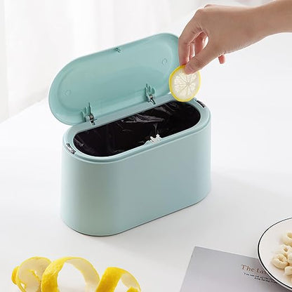 Mini Trash Can with Lid Removable Small Garbage Can, Tiny Plastic Trash Bin, Pop Up Countertop Wastebasket, Counter Garbage Lint Bin (Light Blue)