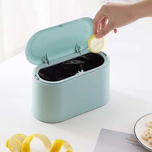 Mini Trash Can with Lid Removable Small Garbage Can, Tiny Plastic Trash Bin, Pop Up Countertop Wastebasket, Counter Garbage Lint Bin (Light Blue)
