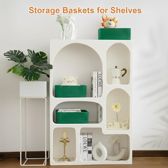 Small Storage Baskets for Organizing, Woven Storage Bins for Shelves, Gift Basket Empty, Cute Decorative Closet Organizer, Baby Rope Basket, Dog Toy Storage, 12.6x8.2x5”, 3Packs Green