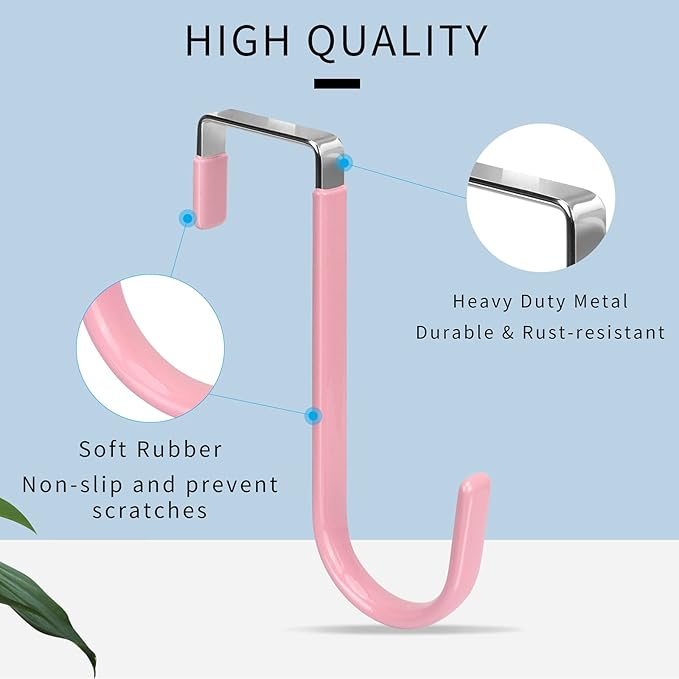 FYY Over The Door Hooks, 4 Pack Door Hangers Hooks with Rubber Prevent Scratches Heavy Duty Organizer Hooks for Living Room, Bathroom, Bedroom Hanging Clothes, Towels, Hats, Coats, Bags Pink