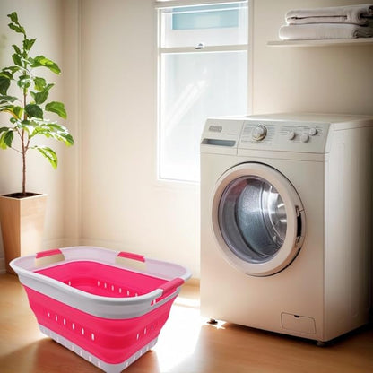 SAMMART 30L (8 gallon) Collapsible 3 Handled Plastic Laundry Basket - Foldable Pop Up Storage Container/Organizer - Portable Washing Tub - Space Saving Hamper/Basket (White/Rose Pink)