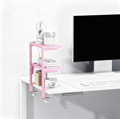 Spacrea clamp on Desk Shelf, 2 Tier Office Desk Shelves Organizer, Wood Desktop Supplies Storage Rack, Desk Organizers and Accessories (Pink)