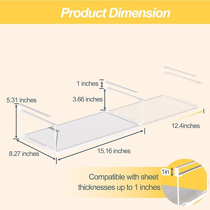 2 Pack Hanging Under Shelf Storage Basket Organizer,Expandable Under Shelf Storage,Metal & White,Heavy Duty Slide-in Storage Baskets,Space Saving for Cabinet,Desk,Pantry,Kitchen