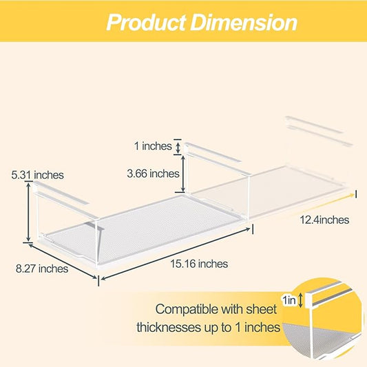 2 Pack Hanging Under Shelf Storage Basket Organizer,Expandable Under Shelf Storage,Metal & White,Heavy Duty Slide-in Storage Baskets,Space Saving for Cabinet,Desk,Pantry,Kitchen